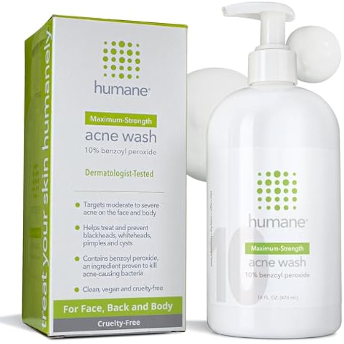 humane MAXIMUM-STRENGTH ACNE WASH - 10% BENZOYL PEROXIDE ACNE TREATMENT FOR FACE, SKIN, BUTT, BACK AND BODY - 16 FL OZ - DERMATOLOGIST-TESTED NON-FOAMING CLEANSER - VEGAN, CRUELTY-FREE - Image 1